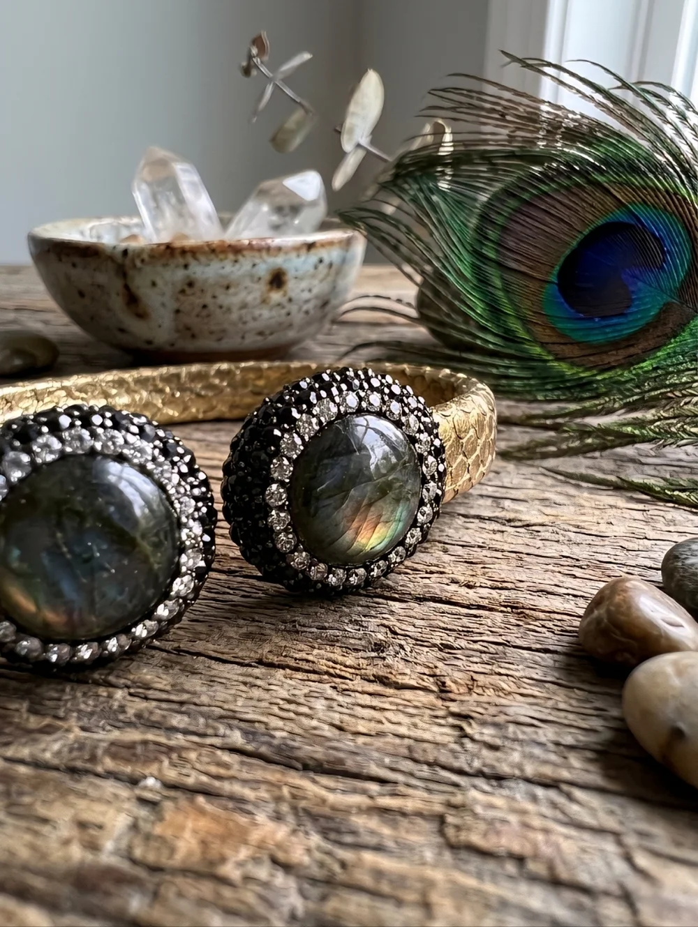 Golden Python Leather Labradorite Open Cuff Bracelet Artisan Statement Jewelry